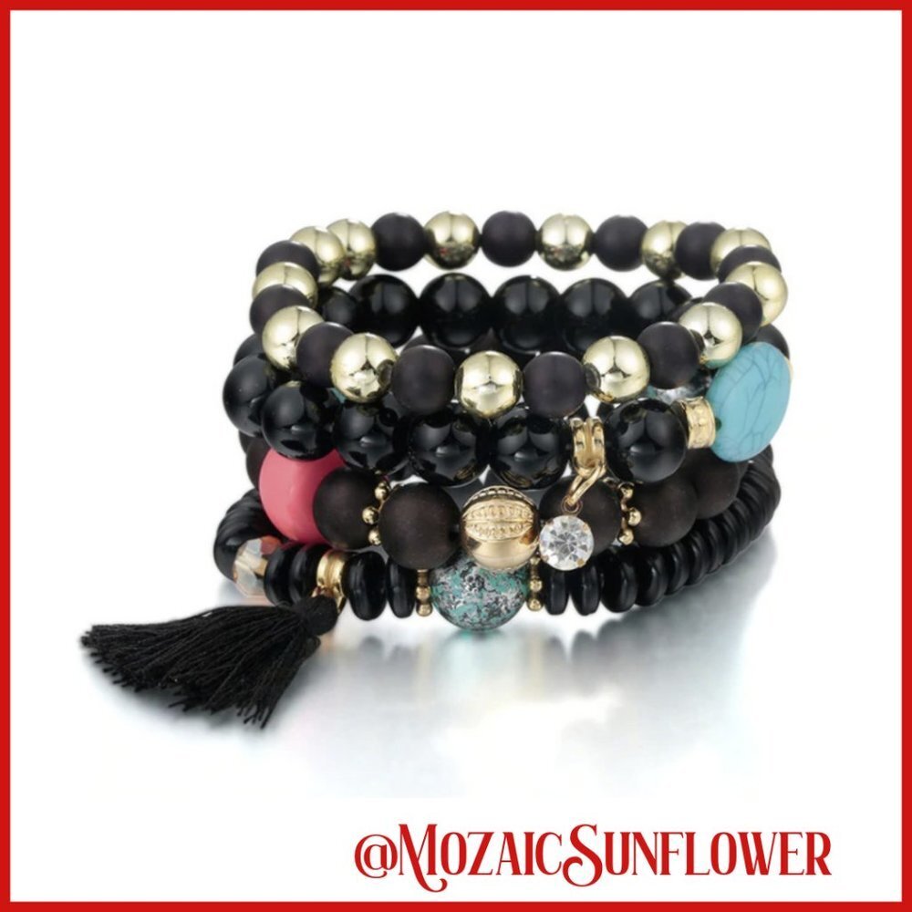 Handmade 4 Piece Black Multicolor Bead Adjustable Stackable Bracelet Set